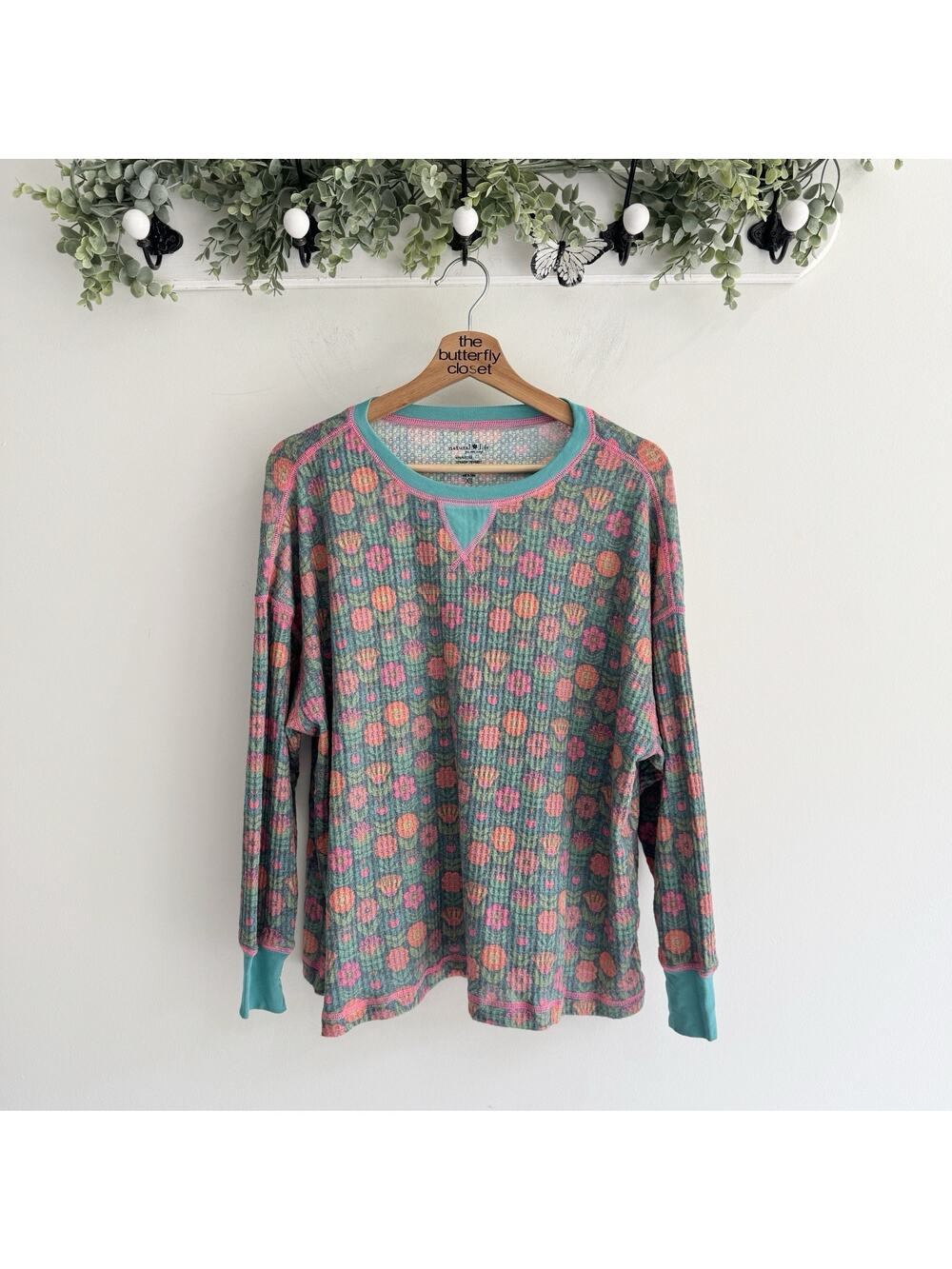 Natural Life Multicolor Floral Waffle Top Oversized XS 2-5196